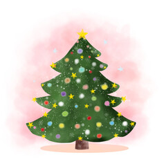 christmas collection A pastel green Christmas tree and decorative ball lights painted in watercolor techniques. Vector illustration drawing.