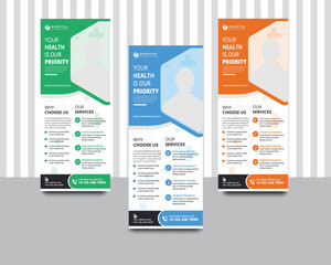 Obraz premium Medical rollup banner design template. Elegant medical health care rollup banner template bundle. medical banner design template. Roll up banner. Corporate Business rollup template.
