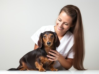A female veterinarian is examining a dachshund. On a white background.