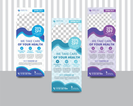 Medical rollup banner design template.  Elegant medical health care rollup banner template bundle. medical banner design template. Roll up banner. Corporate Business rollup template.