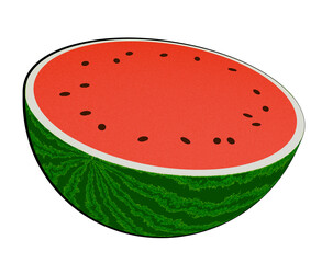 A 2D illustration of a watermelon sliced neatly in half, featuring a minimal grain effect for a stylish and artistic appearance. 