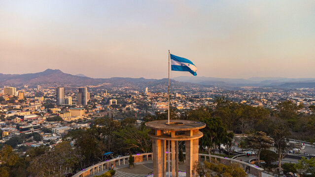Aerial View of Honduras' National Flag in Tegucigalpa, Honduras