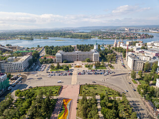 Russia, Irkutsk - July 26, 2018: Administration of the Irkutsk region, Spelransky earl area. Aerial Photography