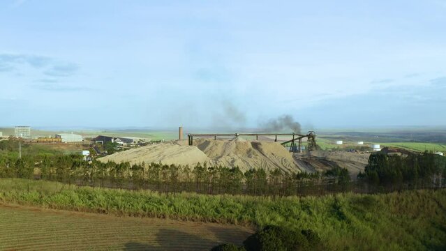Sugarcane plant producing renewable energy. Ethanol. Drone View.
