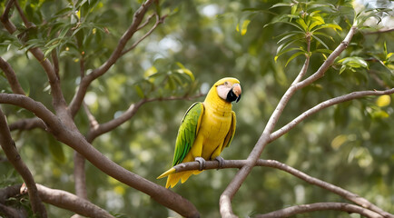 A yellow parrot sitting in a tree branch