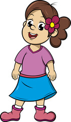 Niña con vestido rosa y falda azul sonriendo sin fondo.