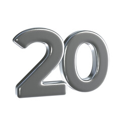 Number 20 3D render with Silver material
