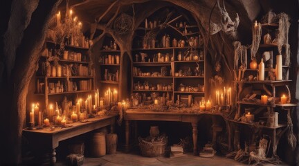 Mystical Witch's Lair: Potions, Spellbooks, and Candlelit Enchantment, Halloween, AI Generated. - obrazy, fototapety, plakaty