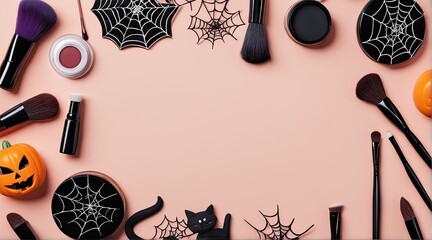 Halloween-Themed Cosmetic Flat Lay: Brushes, Makeup, and Spooky Props, AI Generated