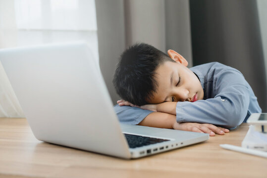 Sleeping little boy tired of studeing and doing homework. Educational concept Social distancing, staying at home, presenting a modern educational way of life.