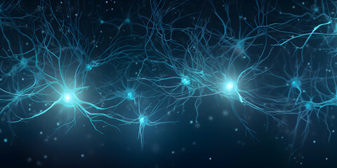Nerve cell blue color banner, system neuron of brain with synapses. Medicine biology background. Generation AI