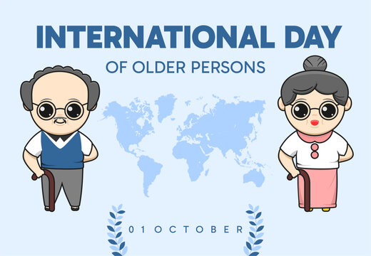 international day of older persons, with a world map and illustrations of grandparents