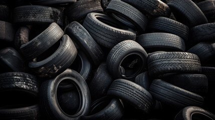 Large dump of used tires in pile at landfill, environmental pollution concept