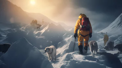 Papier Peint photo autocollant Everest Rescuer man with dog in orange uniform search for missing people. Concept operation to rescue tourists from rubble from under snow after avalanche, sunlight