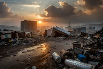 a terribly disgusting garbage dump with burning rotten cars and a lot of dirty rotten plastic flying around near corrugated iron shacks in a pathetic atmosphere with smoke and oil fumes  and rats - obrazy, fototapety, plakaty