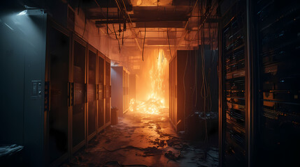 Server room Burning. Data center and supercomputer technology in fire. Generation AI