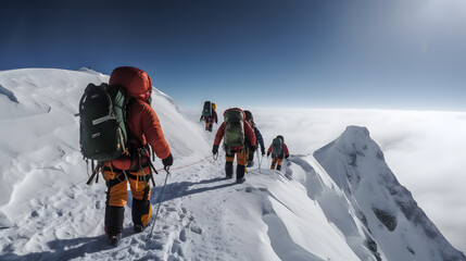 Group of climbers tourist climb slope to top peak of mountain in sunny weather. Concept testing yourself