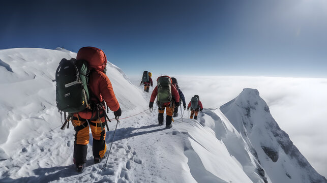 Group of climbers tourist climb slope to top peak of mountain in sunny weather. Concept testing yourself