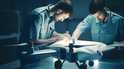 Aerospace engineers working on prototype of unmanned aerial drone. Concept new secret model industrial or military aircraft.