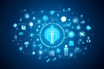 Obraz premium Medical background with icons in blue neon light.