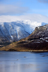 Fototapeta na wymiar Alpine winter landscape near Sogndalsfjora in Norway, Europe 