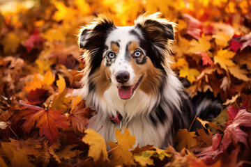Pet dog in colorful autumn leaves. Generative AI