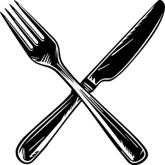 Crossed fork and table knife. Vector illustration.