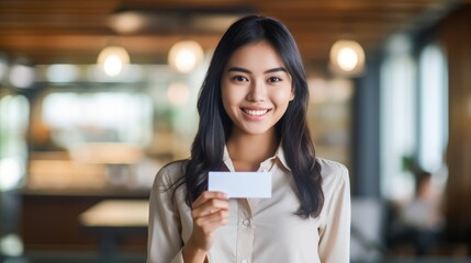 Young asian woman holding blank business card.