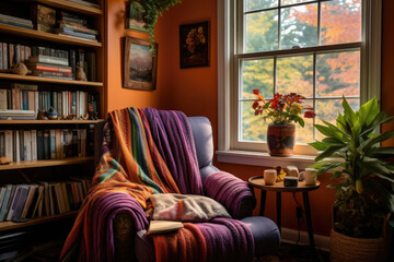 A reading nook within a home office, complete with an armchair, blanket and a bookshelves. Warm autumn colors. Generative AI