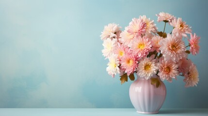 Creative composition made of bouquet of chrysanthemum flowers in a vase on pastel background. Beautiful floral backdrop. Nature concept. Idea for seasonal cards and web design