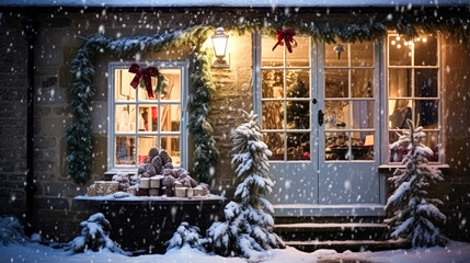 Christmas in the countryside, cottage and garden decorated for holidays on a snowy winter evening with snow and holiday lights, English country styling