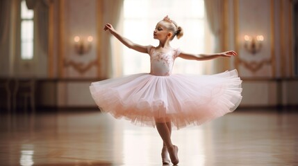 cute little ballerina in pink tutu practicing in ballet studio