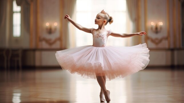 Fototapeta cute little ballerina in pink tutu practicing in ballet studio