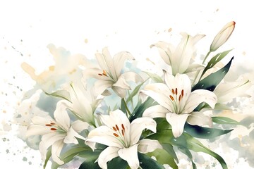 Watercolor white Lilies on white background, wedding invitation