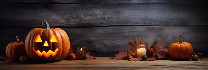 Beleuchteter Kürbis auf Holzbrett und vor Holzhintergrund, Halloween Hintergrund Banner
