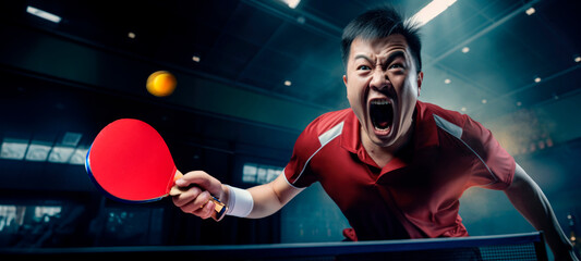 Ping Pong Passion: A Chinese Player Engaging in an Emotion-Filled Table Tennis Match with Total Dedication.

 - obrazy, fototapety, plakaty