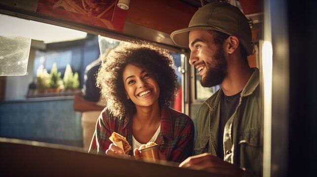 Excited young couple ordering sandwiches in food truck