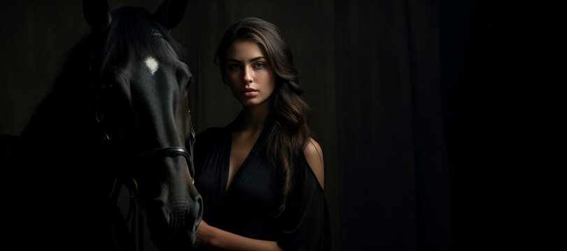 Elegance and Power: A Woman's Connection with Her Majestic Black Horse in Dark Tones. In the Shadows of Elegance