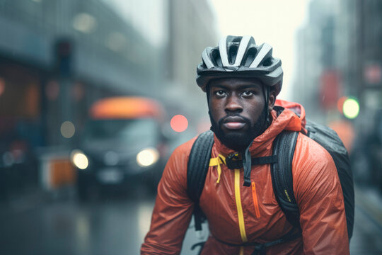 Urban Cyclist: Portrait of a Black American Man in a Cycling Helmet with a Blurred Street in the Background.


