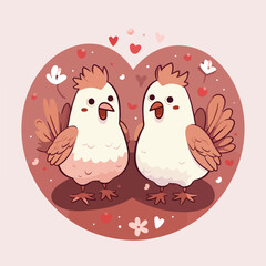 2 chickens holding hands and hearts on background, in the style of charming characters