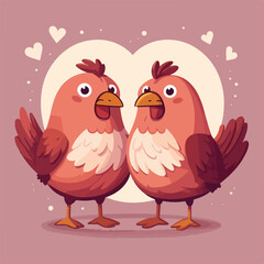 2 chickens holding hands and hearts on background, in the style of charming characters