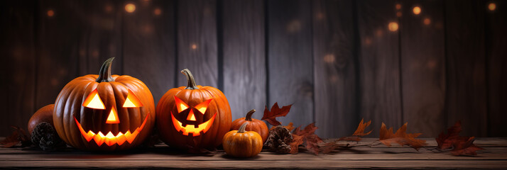 Beleuchteter Kürbis auf Holzbrett und vor Holzhintergrund, Dekorativer Halloween Hintergrund Banner