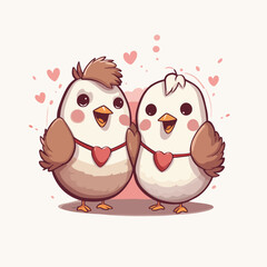 2 chickens holding hands and hearts on background, in the style of charming characters