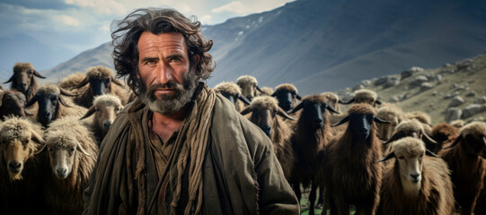 Rustic Life: A Shepherd from Pakistan Caring for His Sheep, Set Against a Breathtaking Mountain Backdrop
 - obrazy, fototapety, plakaty