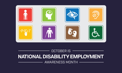 National Disability Employment Awareness Month design.  It has several type of disability in arranged in tiled. Vector illustration