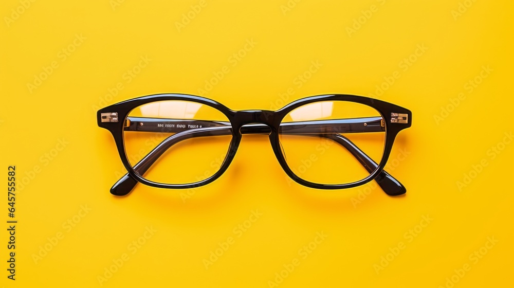 Wall mural glasses with transparent optical lenses on yellow background top view