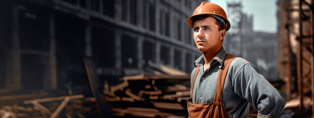 A Dedicated Construction Worker, Clad in Uniform and Helmet, Stands Proudly in Front of the Construction Site, Symbolizing Progress and Development. Copy Space to text