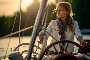 Stoff pro Meter Captain of the Waves. European Woman Takes the Helm of a Sailboat. Elegance Sailing into Adventure © Mr. Bolota
