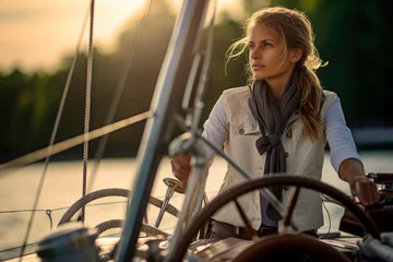 Fototapeten Captain of the Waves. European Woman Takes the Helm of a Sailboat. Elegance Sailing into Adventure © Mr. Bolota