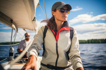 Captain of the Waves. European Woman Takes the Helm of a Sailboat. Elegance Sailing into Adventure